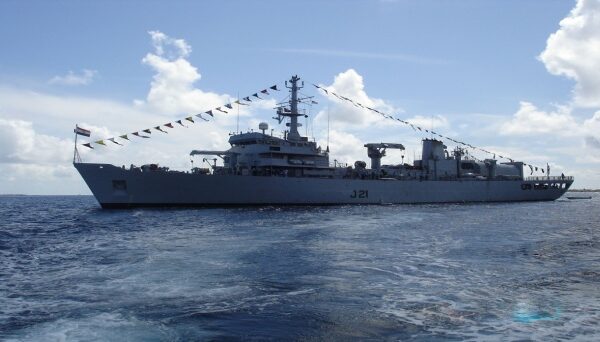 Image of Naval ship Darshak in the sea.
